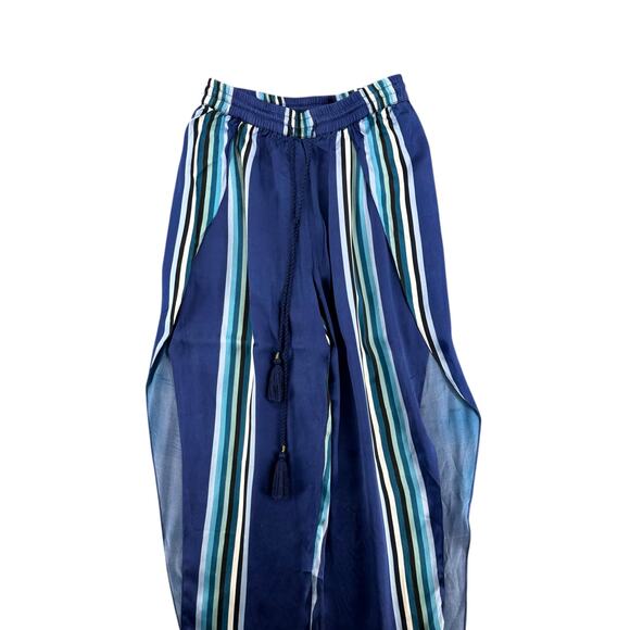 TRYB 100% Silk Pants Palazoo Flow Side Slits Shorts Under Blue Striped Small - Picture 3 of 6